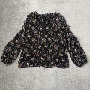 1.STATE Blouse Womens Small Black Floral Long Sleeve Sheer Ruffle Boho Top